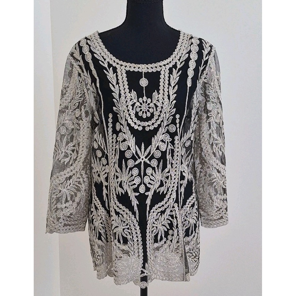 Sheer Mesh Metallic Gold Embroidery Ladies Medium Top Gothic Romantic Festival